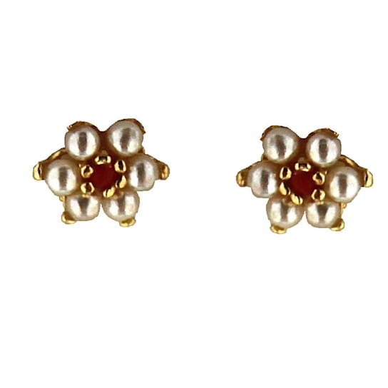 18K Yellow Gold Small Pearl and Coral Screwback Earrings