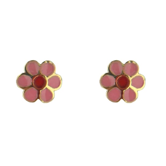 18K Solid Yellow Gold Pink and Red Center Enamel Flower Screwback Earrings
