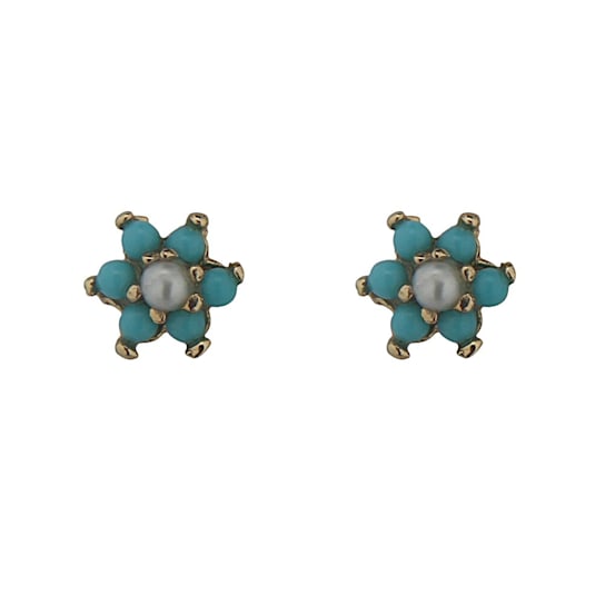 18K Yellow Gold Small Turquoise and Pearl Screwback Earrings
