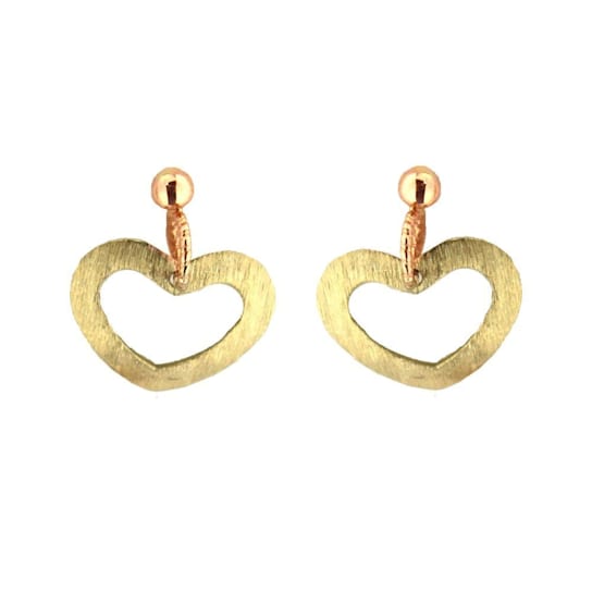 18K Solid Yellow Gold Heart with Pink Gold Bead Dangle Earrings