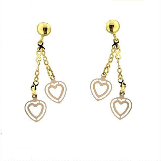 18K Solid Two-Toned Gold Double Open Heart Dangle Post Earrings