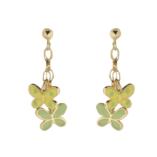 18K Solid Yellow Gold Yellow with Polka Dots and Green Butterfly Dangle Earrings