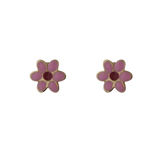 18K Solid Yellow Gold Pink and Center Red Enamel Flower Post Earrings