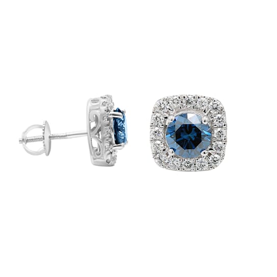 2.00 Ct. T.W. Blue And White Lab Grown Diamond Halo 14K White Gold Earrings