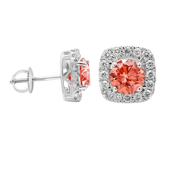 2.00 Ct. T.W. Pink And White Lab Grown Diamond Halo 14K White Gold Earrings