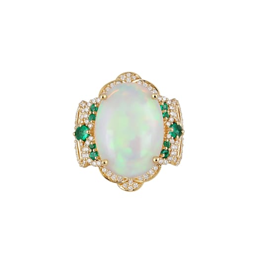 Orion Opal, Emerald and Diamond 18K Yellow Gold Ring 13.20 ctw