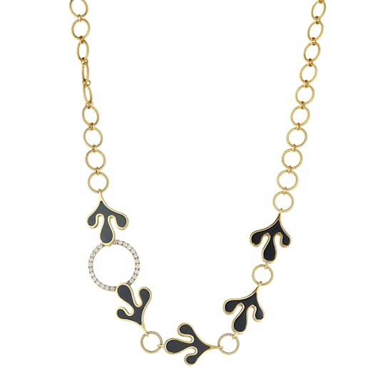 18K Yellow Gold White Diamond Necklace With Black Ceramic Elements .84ctw
