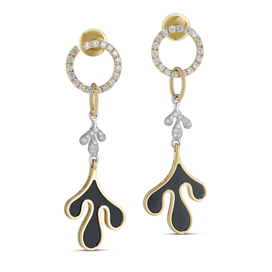 18K Yellow Gold White Diamond And Black Ceramic Leaf Earrings 1.62ctw