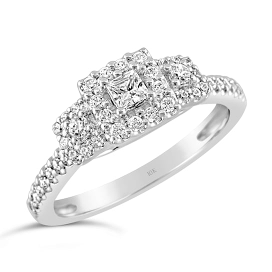 10K White Gold 3/8 ct Diamond Square Halo Three-Stone Engagement Ring
(I-J Color, I2-I3 Clarity)