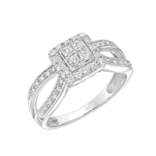 10K White Gold and 1/4 ct Square Cluster Halo Ring with Curved Twin
Shank (I-J, I2-I3)