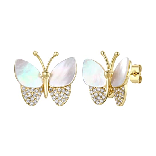 Mother-Of-Pearl And CZ Butterfly Stud Earrings In 14K Gold Over Brass