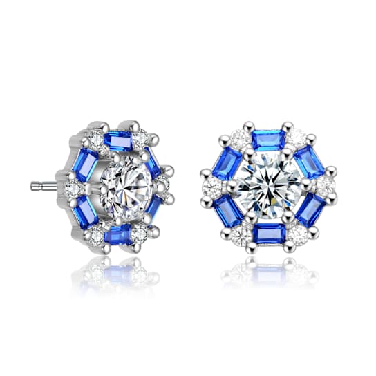 Sapphire Color CZ Halo Stud Earrings In Rhodium Over Brass