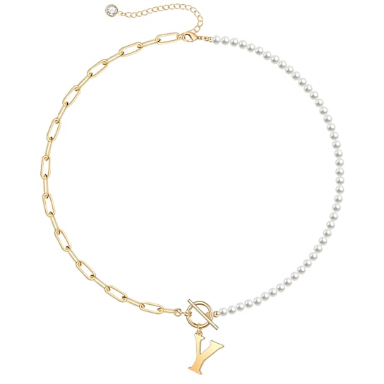 Initial Y Paperclip Link And Pearl Simulant Necklace In 14K Gold Over Brass