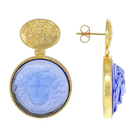Blue Venetian Glass Medusa Cameo Earrings In 18K Gold Over Sterling Silver