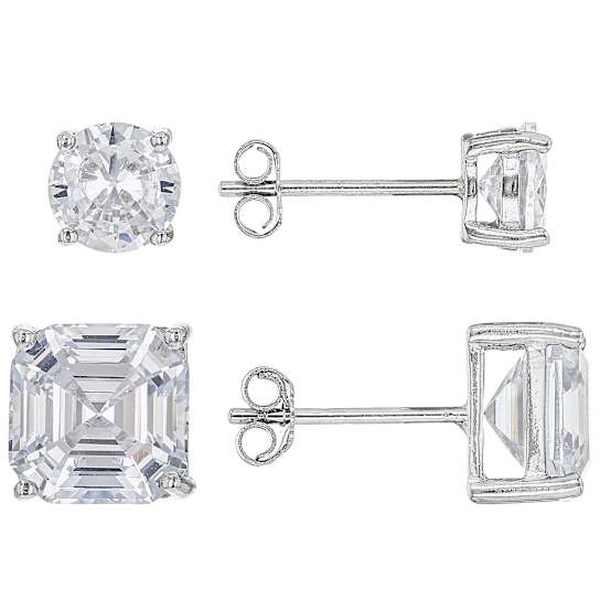 Asscher-Cut CZ Earring Set In Sterling Silver