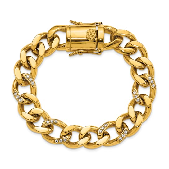 White Cubic Zirconia Stainless Steel Polished Yellow IP Plated Men's Bracelet