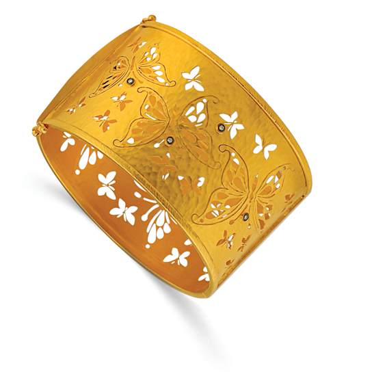 14K Yellow Gold Diamond Butterfly Hammered Hinged Bangle