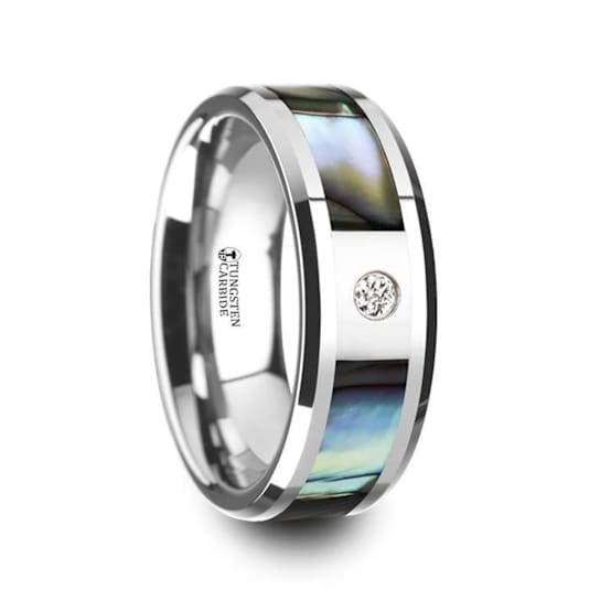 HONOLULU Mother of Pearl Inlay Tungsten Carbide Ring with Beveled Edges
and White Diamond 8mm