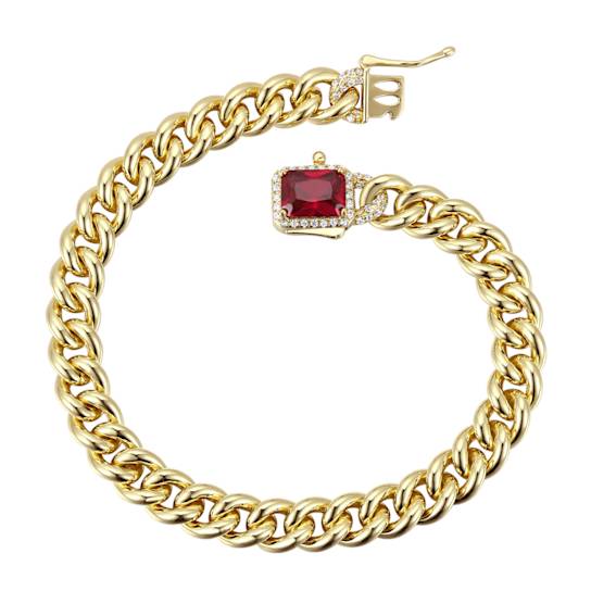 Ruby Color CZ Halo Cluster Curb Chain Bracelet In 14K Gold Over Brass