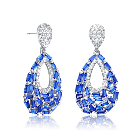 Sapphire Color CZ Pear Shape Drop Earrings In Sterling Silver