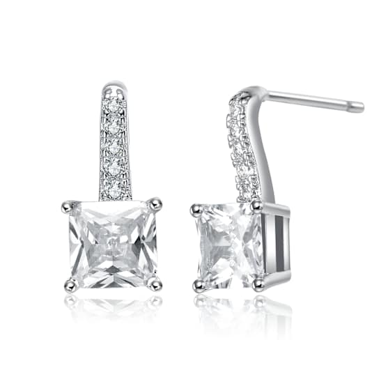 Princess-Cut CZ Solitaire Drop Earrings In White Rhodium Over Brass