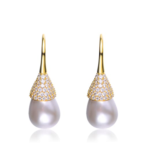 Pear Shape CZ And Pearl Drop Earrings In 14K Gold Over Sterling Silver