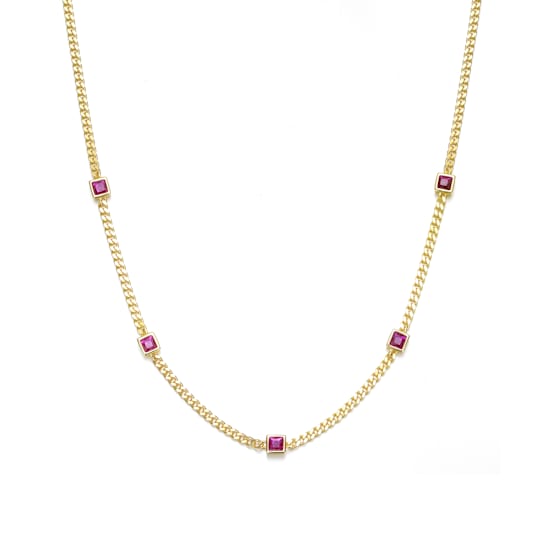 Ruby Color CZ Station Necklace In 14K Gold Over Brass