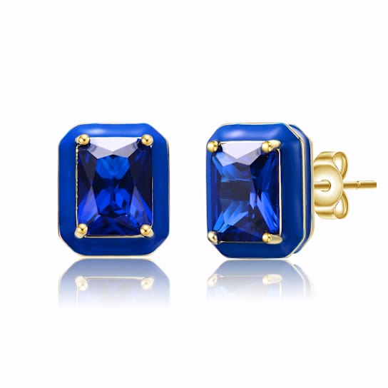 Sapphire Color CZ Radiant-Cut Stud Earrings In 14K Gold Over Brass