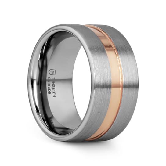 ZEUS Flat Brushed Finish Tungsten Carbide Ring with Rose Gold Plated
Groove- 10mm