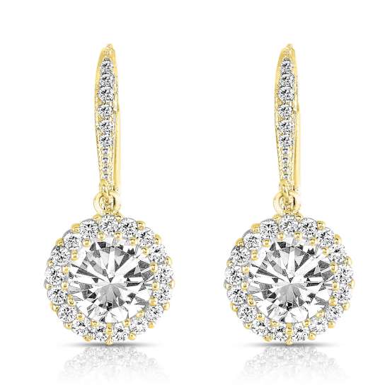 CZ Halo Drop Earrings In 14K Gold Over Sterling Silver