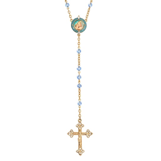 Symbols Of Faith Gold Tone Blue Beaded Rosary with Mary and Child Decal
