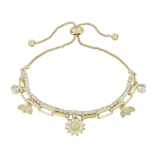 CZ Layered Charm Bolo Bracelet In 14K Gold Over Brass 2.91ctw
