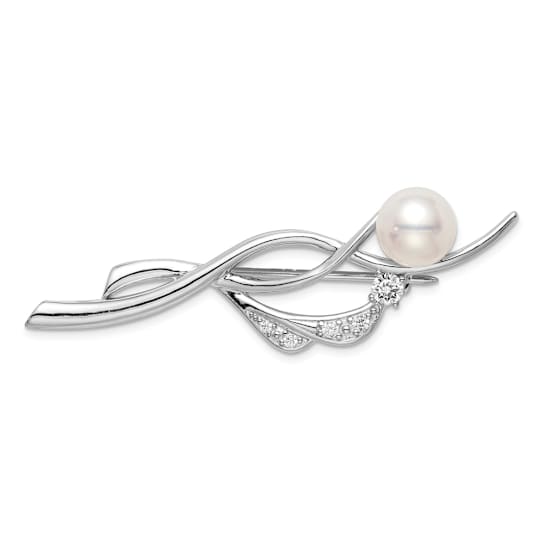 Rhodium Over Sterling Silver Cubic Zirconia Freshwater Cultured Pearl Pin