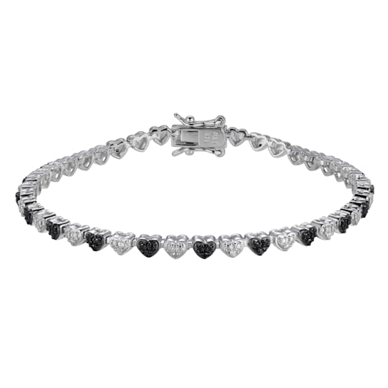 Black and White Diamond Rhodium Plated Sterling Silver Heart Tennis
Bracelet 0.10ctw