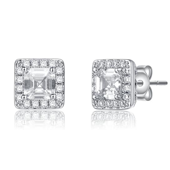CZ Halo Square Stud Earrings In White Rhodium Over Brass