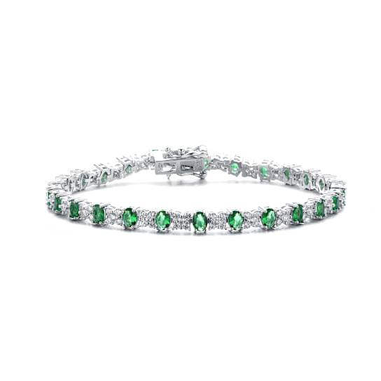 Emerald Color CZ Tennis Bracelet In White Rhodium Over Brass