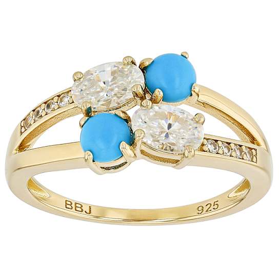Diamond Simulant, Turquoise And White Zircon Ring In 18K Gold Over
Sterling Silver