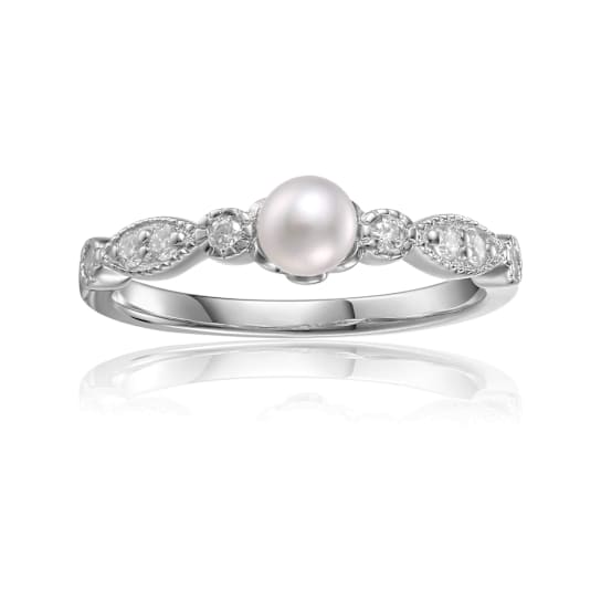 Freshwater Pearl with Moissanite Accents Rhodium Over Sterling Silver Ring