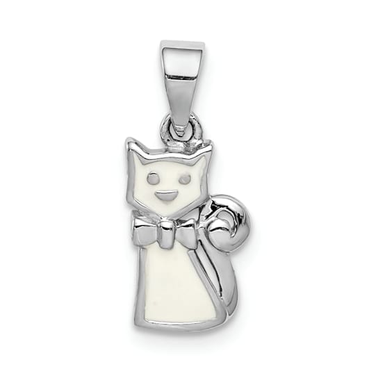 Rhodium Over Sterling Silver Polished White Enameled Cat Children's Pendant
