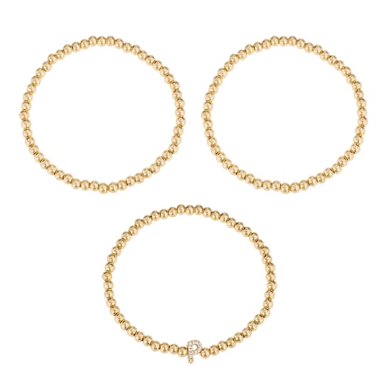 Initial P CZ Beaded Bracelet Set In 14K Gold Over Brass 0.12ctw