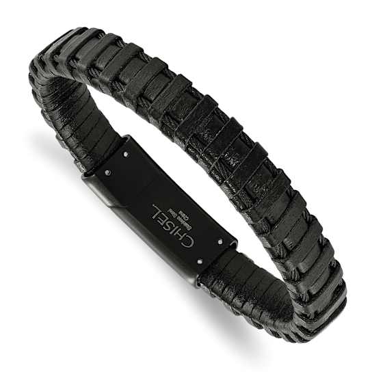 Black Leather and Stainless Steel Polished Black IP-plated Cable Bracelet