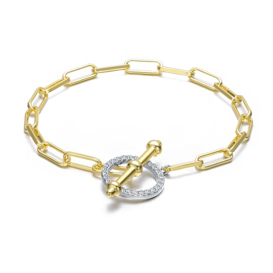 Two-Tone CZ Link Bracelet In 14K Gold Over Brass