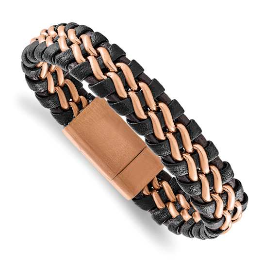 Brown Leather and Stainless Steel Brushed Rose IP-plated 8.5-inch Bracelet