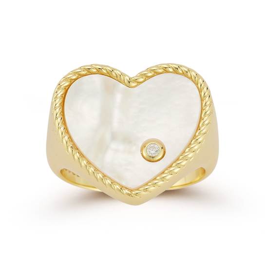 Mother-Of-Pearl Heart Signet Ring In 14K Gold Over Sterling Silver