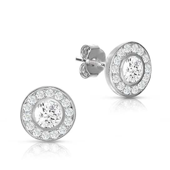 CZ Halo Stud Earrings In Sterling Silver