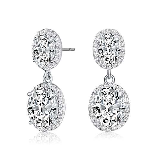 CZ Halo Drop Earrings In Sterling Silver