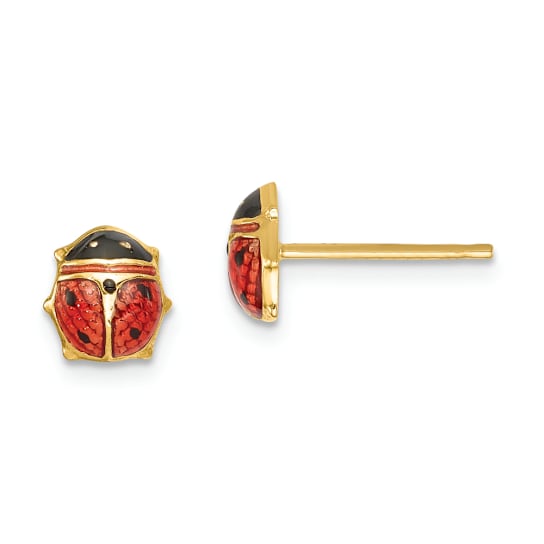 14k Yellow Gold Enameled Ladybug Stud Earrings
