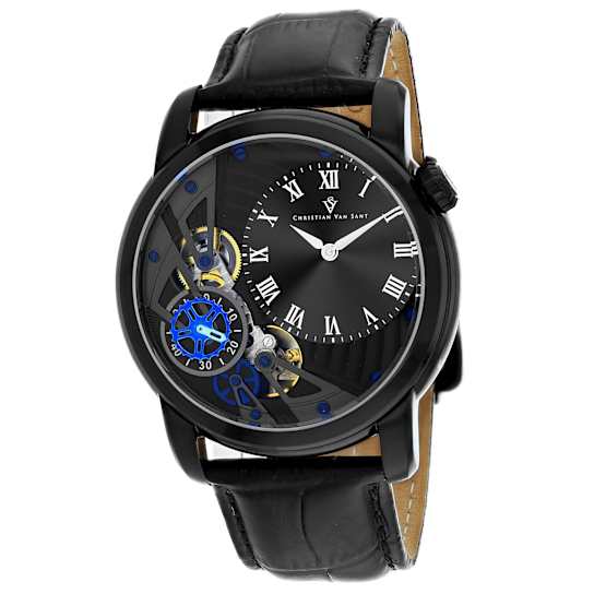 Christian Van Sant Men's Sprocket Auto-Quartz Black Dial, Black Leather
Strap Watch
