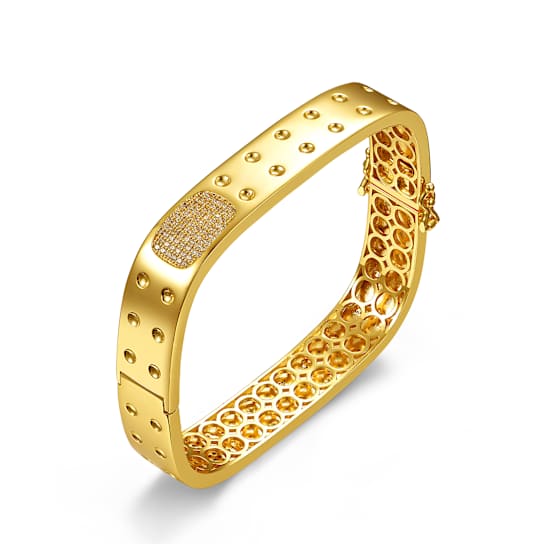 Textured Geometric Square CZ Bangle Bracelet In 14K Gold Over Brass