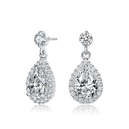 Pear Shape CZ Halo Drop Earrings In Sterling Silver